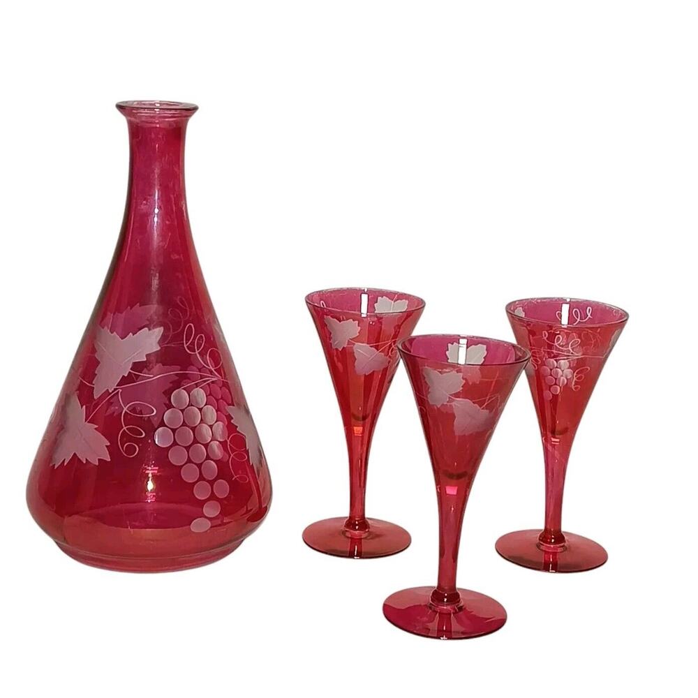 Vintage Red Decanter & 3 Cordial Glasses Etched Grapes Vines NO STOPPER